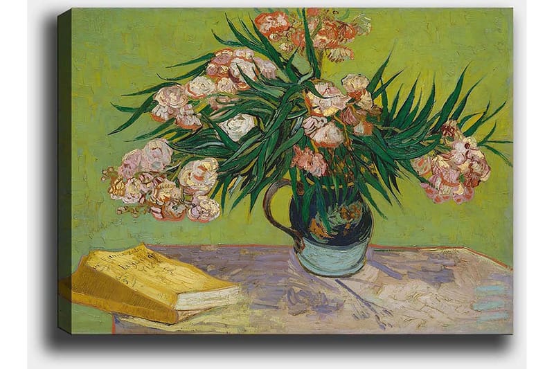 Lærred 70x100 cm - Farverig buket blomster i en vase på et bord - Grøn / Lyserød / Gul - Boligtilbehør - Billeder & kunst - Billeder på lærred