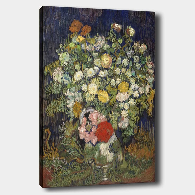 Lærred 70x100 cm - Farverig buket blomster i vase, Grøn / Gul / Rød