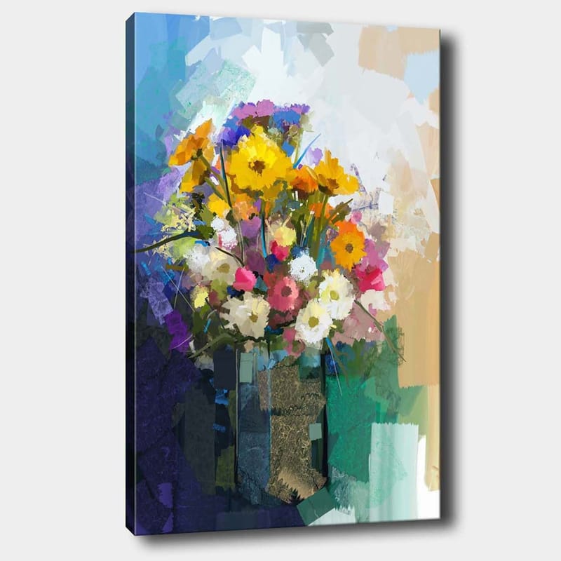 Lærred 70x100 cm - Farverig buket blomster i vase, Gul / Lyserød / Hvid