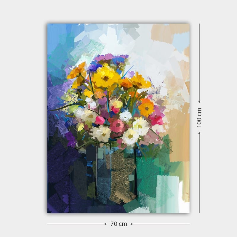Lærred 70x100 cm - Farverig buket blomster i vase - Gul / Lyserød / Hvid - Boligtilbehør - Billeder & kunst - Billeder på lærred