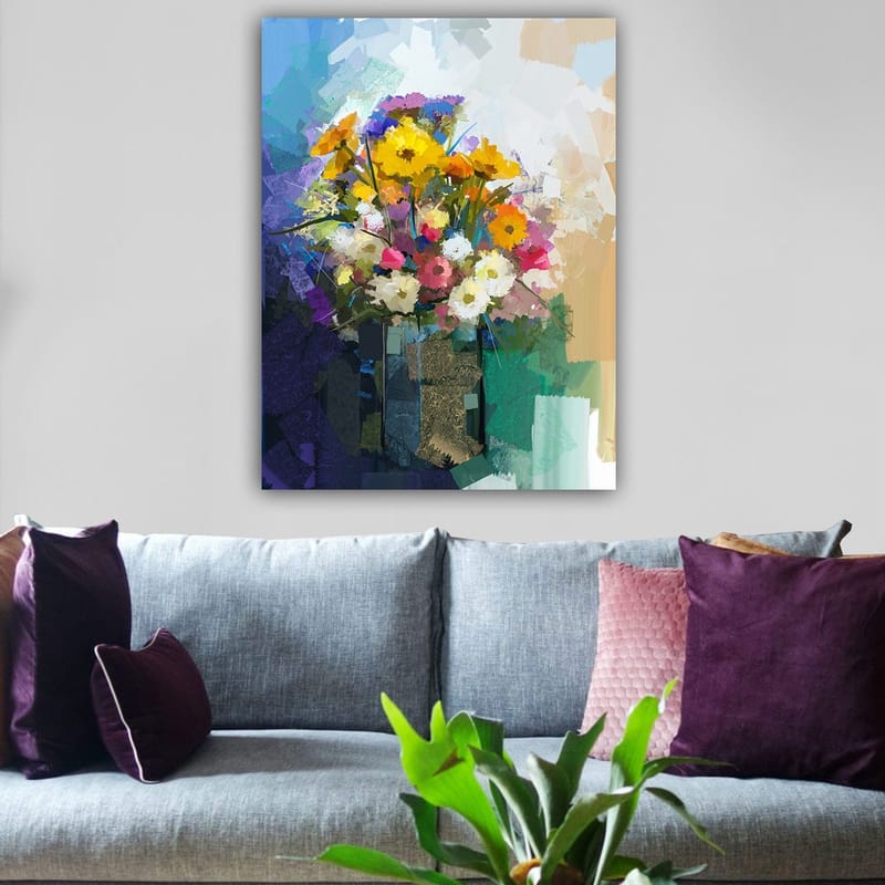 Lærred 70x100 cm - Farverig buket blomster i vase - Gul / Lyserød / Hvid - Boligtilbehør - Billeder & kunst - Billeder på lærred