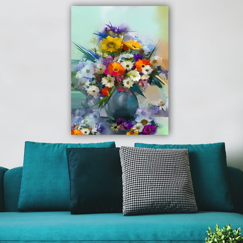 Lærred 70x100 cm - Farverig buket blomster i vase - Gul / Orange / Lilla - Boligtilbehør - Billeder & kunst - Billeder på lærred