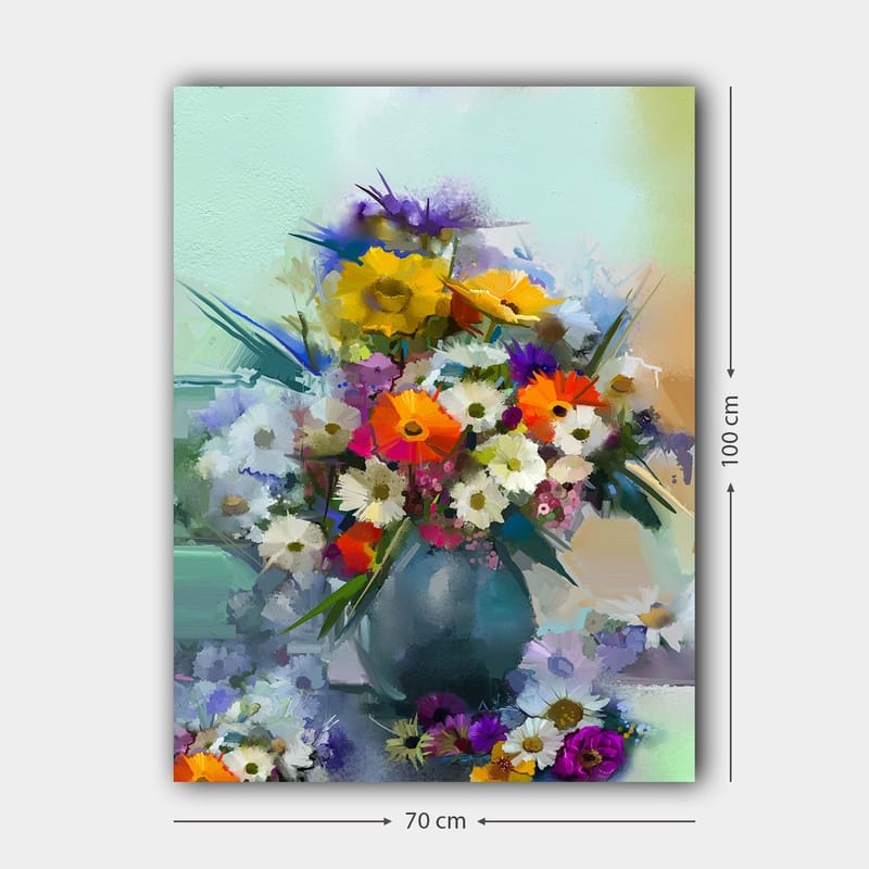 Lærred 70x100 cm - Farverig buket blomster i vase - Gul / Orange / Lilla - Boligtilbehør - Billeder & kunst - Billeder på lærred