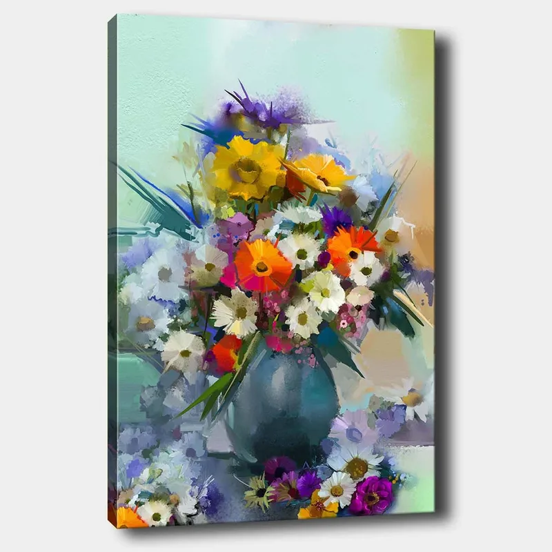 Lærred 70x100 cm - Farverig buket blomster i vase, Gul / Orange / Lilla