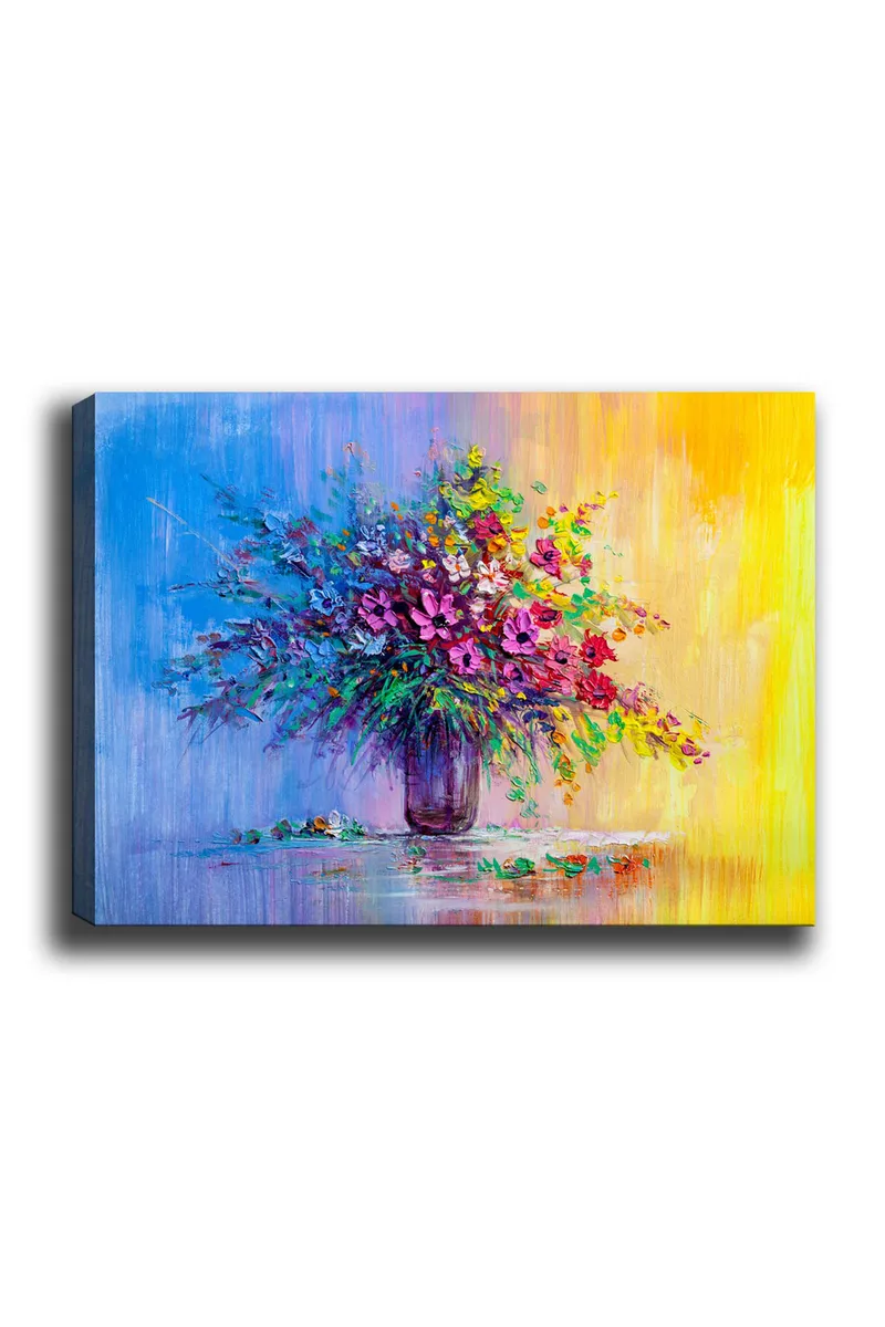 Lærred 70x100 cm - Farverig buket blomster i vase, Lilla / Grøn / Gul