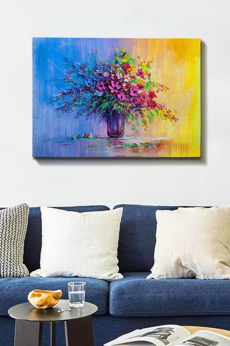 Lærred 70x100 cm - Farverig buket blomster i vase - Lilla / Grøn / Gul - Boligtilbehør - Billeder & kunst - Billeder på lærred