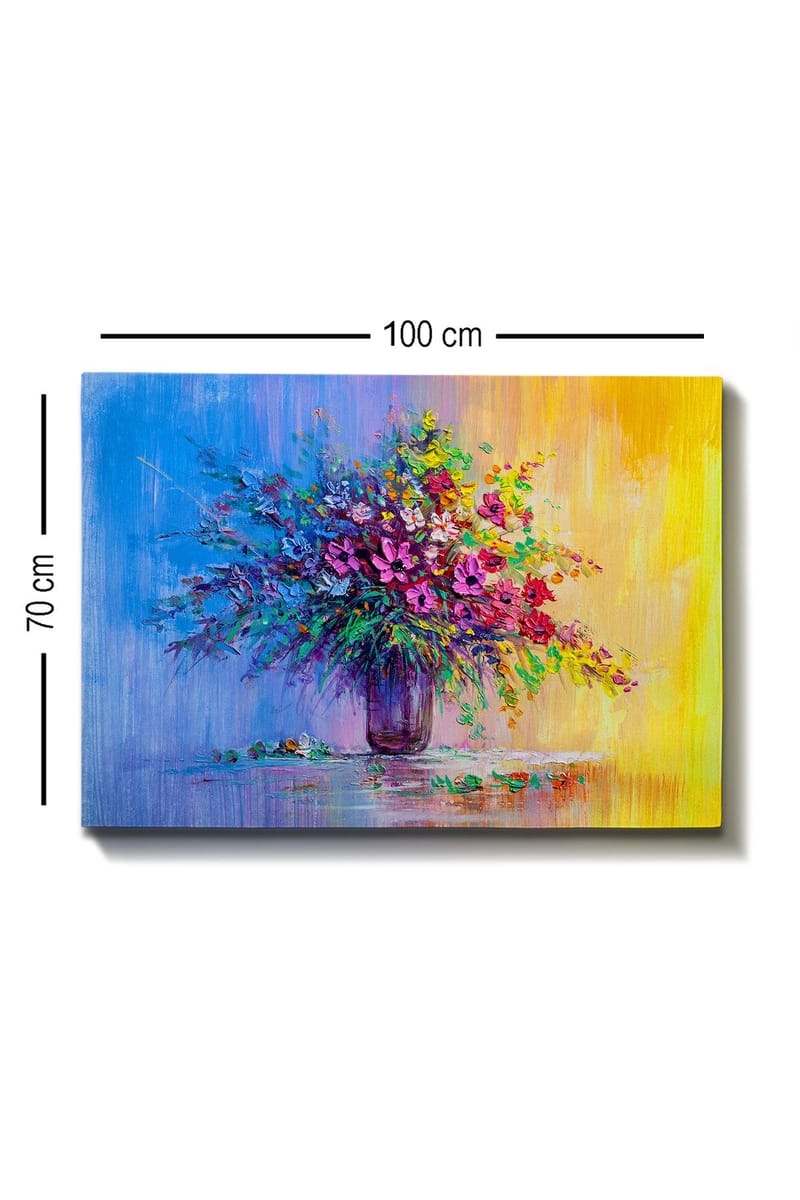 Lærred 70x100 cm - Farverig buket blomster i vase - Lilla / Grøn / Gul - Boligtilbehør - Billeder & kunst - Billeder på lærred
