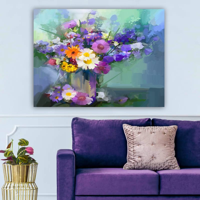 Lærred 70x100 cm - Farverig buket blomster i vase - Lilla / Gul / Hvid - Boligtilbehør - Billeder & kunst - Billeder på lærred