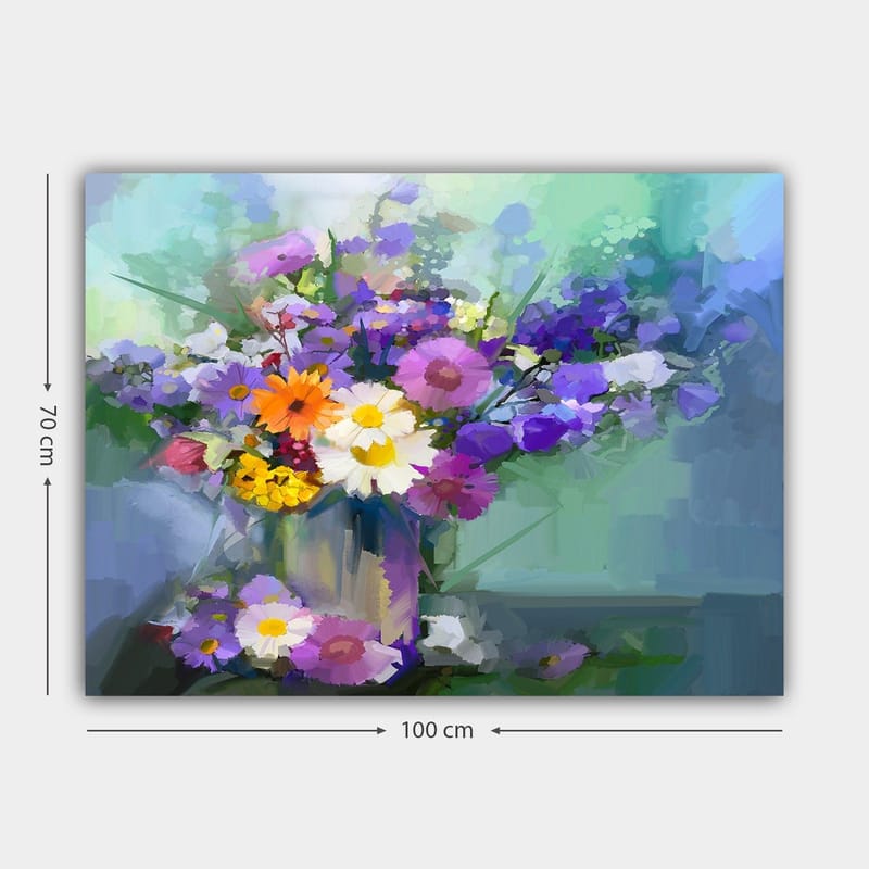 Lærred 70x100 cm - Farverig buket blomster i vase - Lilla / Gul / Hvid - Boligtilbehør - Billeder & kunst - Billeder på lærred