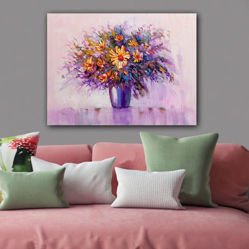 Lærred 70x100 cm - Farverig buket blomster i vase - Lilla / Orange / Gul - Boligtilbehør - Billeder & kunst - Billeder på lærred