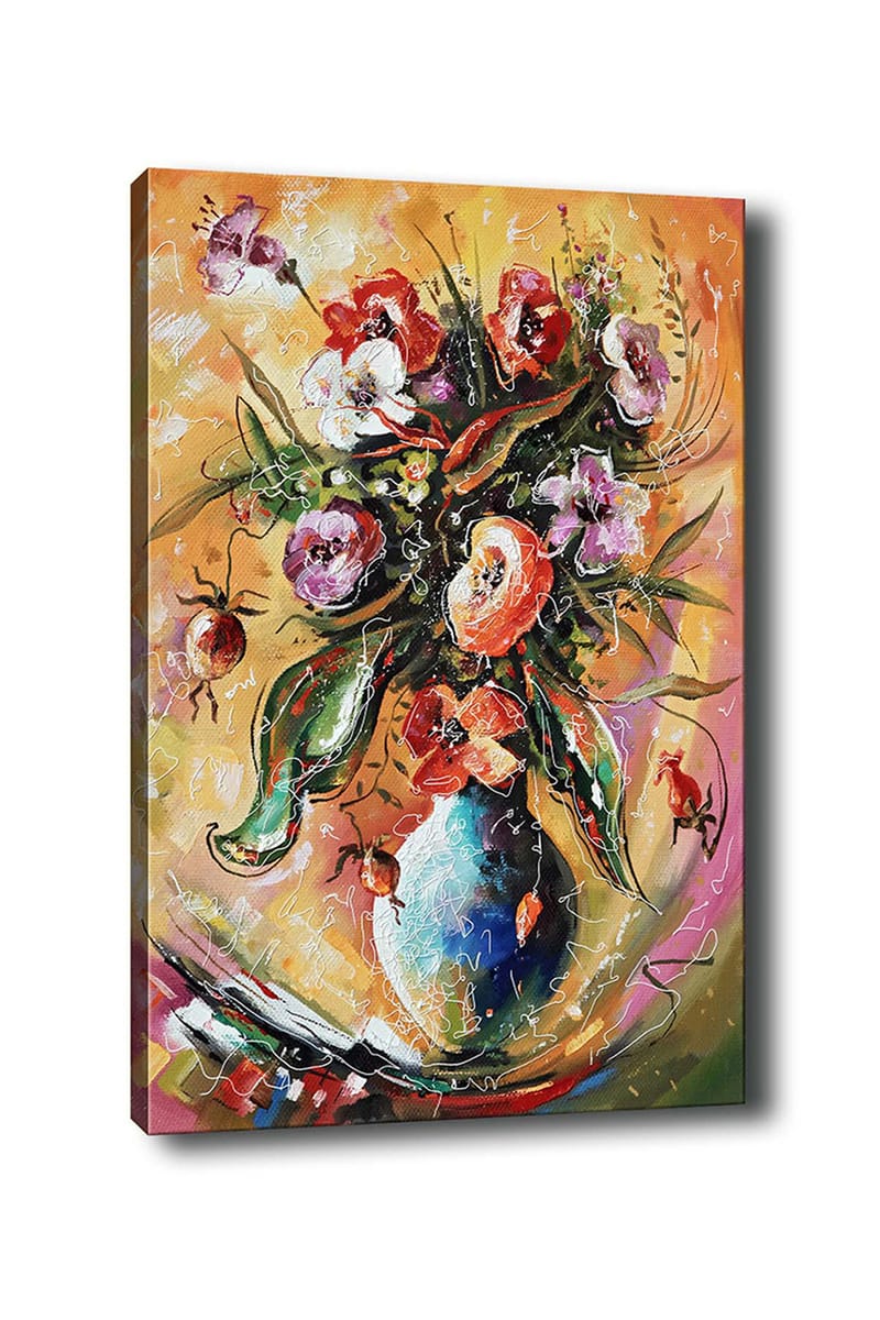 Lærred 70x100 cm - Farverig buket blomster i vase, Rød / Grøn / Lilla