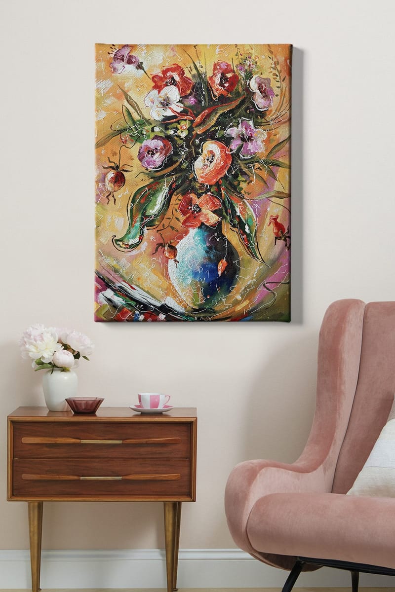 Lærred 70x100 cm - Farverig buket blomster i vase - Rød / Grøn / Lilla - Boligtilbehør - Billeder & kunst - Billeder på lærred