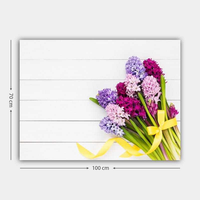Lærred 70x100 cm - Farverig buket hyacinter med gul sløjfe - Lilla / Lyserød / Gul - Boligtilbehør - Billeder & kunst - Billeder på lærred