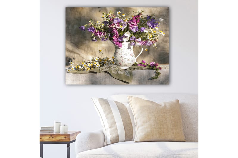 Lærred 70x100 cm - Farverig buket med blomster i forskellige nuancer, Beige / Lilla / Brun
