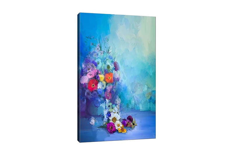 Lærred 70x100 cm - Farverig buket med blomster i forskellige nuancer, Blå / Lilla / Rød