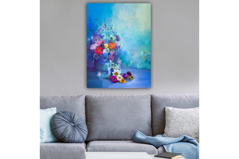 Lærred 70x100 cm - Farverig buket med blomster i forskellige nuancer - Blå / Lilla / Rød - Boligtilbehør - Billeder & kunst - Billeder på lærred