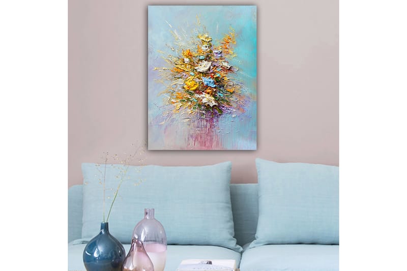Lærred 70x100 cm - Farverig buket med blomster i forskellige nuancer - Gul / Orange / Blå - Boligtilbehør - Billeder & kunst - Billeder på lærred
