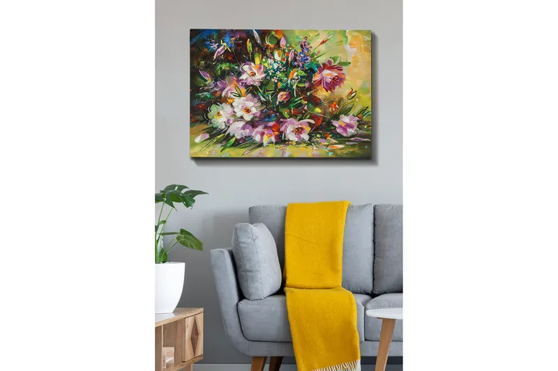 Lærred 70x100 cm - Farverig buket med blomster i forskellige nuancer, Lilla / Grøn / Lyserød