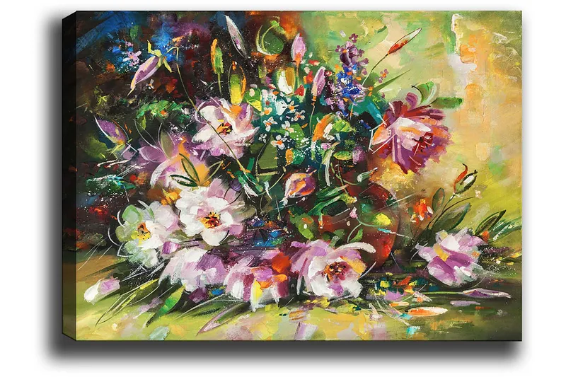 Lærred 70x100 cm - Farverig buket med blomster i forskellige nuancer - Lilla / Grøn / Lyserød - Boligtilbehør - Billeder & kunst - Billeder på lærred
