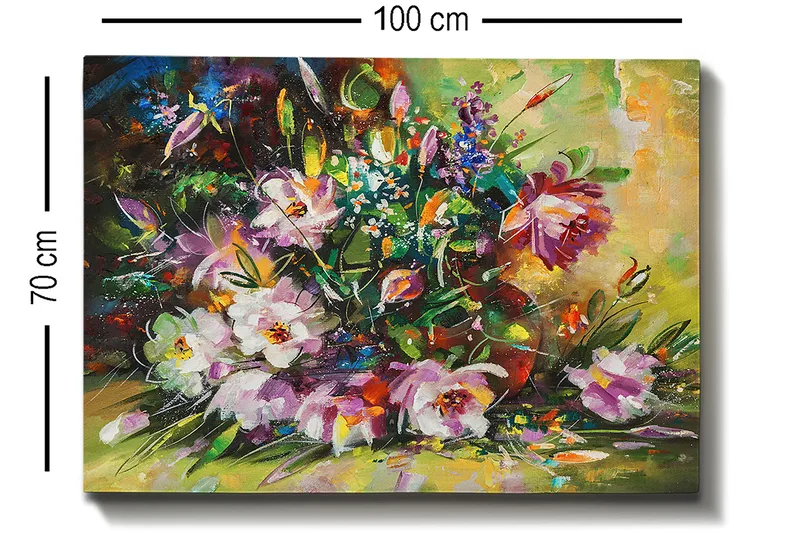 Lærred 70x100 cm - Farverig buket med blomster i forskellige nuancer - Lilla / Grøn / Lyserød - Boligtilbehør - Billeder & kunst - Billeder på lærred