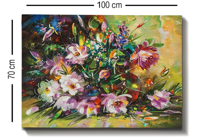 Lærred 70x100 cm - Farverig buket med blomster i forskellige nuancer - Lilla / Grøn / Lyserød - Boligtilbehør - Billeder & kunst - Billeder på lærred