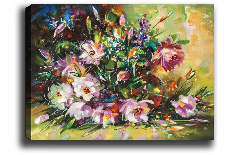 Lærred 70x100 cm - Farverig buket med blomster i forskellige nuancer - Lilla / Grøn / Lyserød - Boligtilbehør - Billeder & kunst - Billeder på lærred