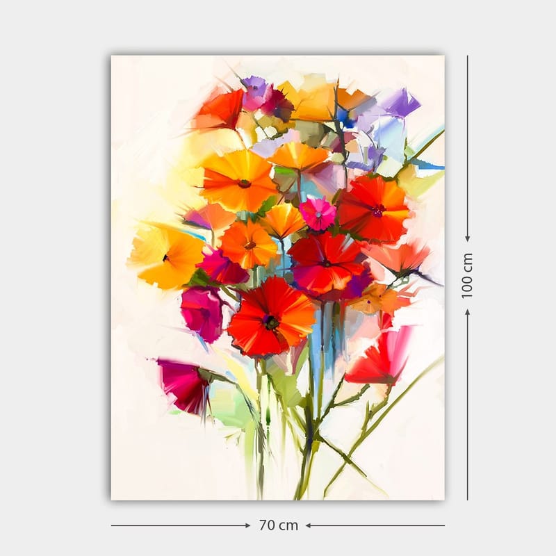 Lærred 70x100 cm - Farverig buket med blomster i forskellige nuancer - Rød / Orange / Lilla - Boligtilbehør - Billeder & kunst - Billeder på lærred