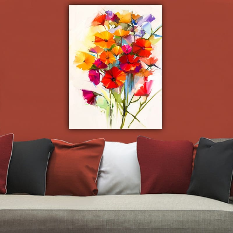 Lærred 70x100 cm - Farverig buket med blomster i forskellige nuancer - Rød / Orange / Lilla - Boligtilbehør - Billeder & kunst - Billeder på lærred