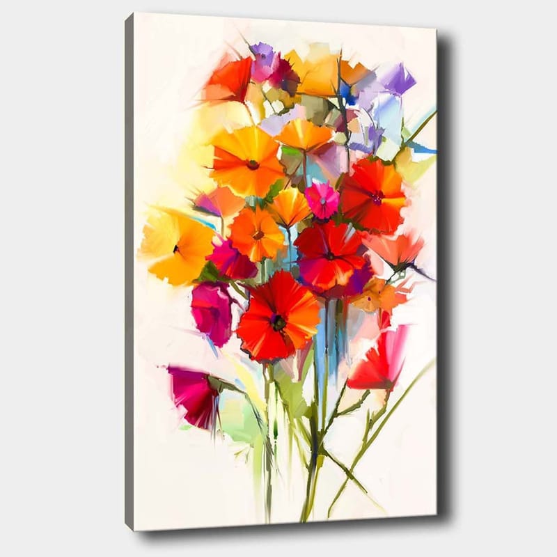 Lærred 70x100 cm - Farverig buket med blomster i forskellige nuancer, Rød / Orange / Lilla