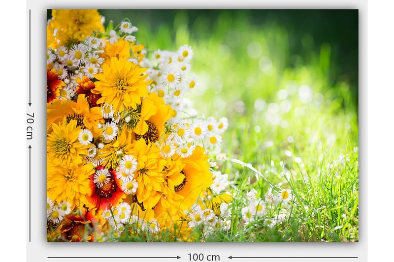 Lærred 70x100 cm - Farverig buket med gule blomster og hvide margueritter - Gul / Hvid / Orange - Boligtilbehør - Billeder & kunst - Billeder på lærred