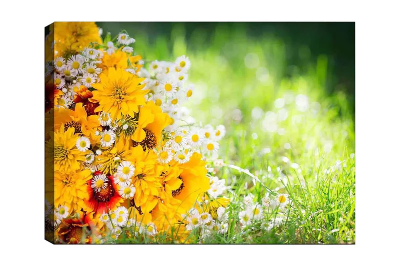 Lærred 70x100 cm - Farverig buket med gule blomster og hvide margueritter, Gul / Hvid / Orange