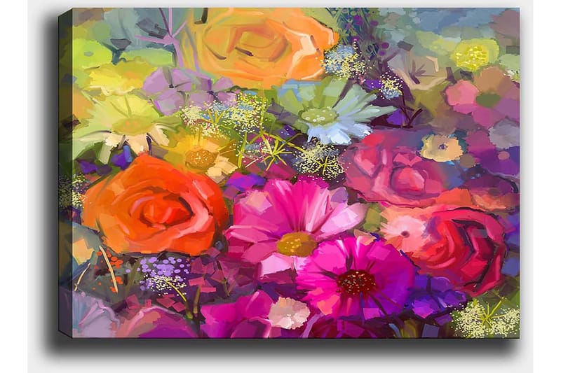 Lærred 70x100 cm - Farverig buket med roser og andre blomster i forskellige nuancer - Lyserød / Orange / Lilla - Boligtilbehør - Billeder & kunst - Billeder på lærred