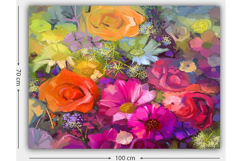 Lærred 70x100 cm - Farverig buket med roser og andre blomster i forskellige nuancer - Lyserød / Orange / Lilla - Boligtilbehør - Billeder & kunst - Billeder på lærred