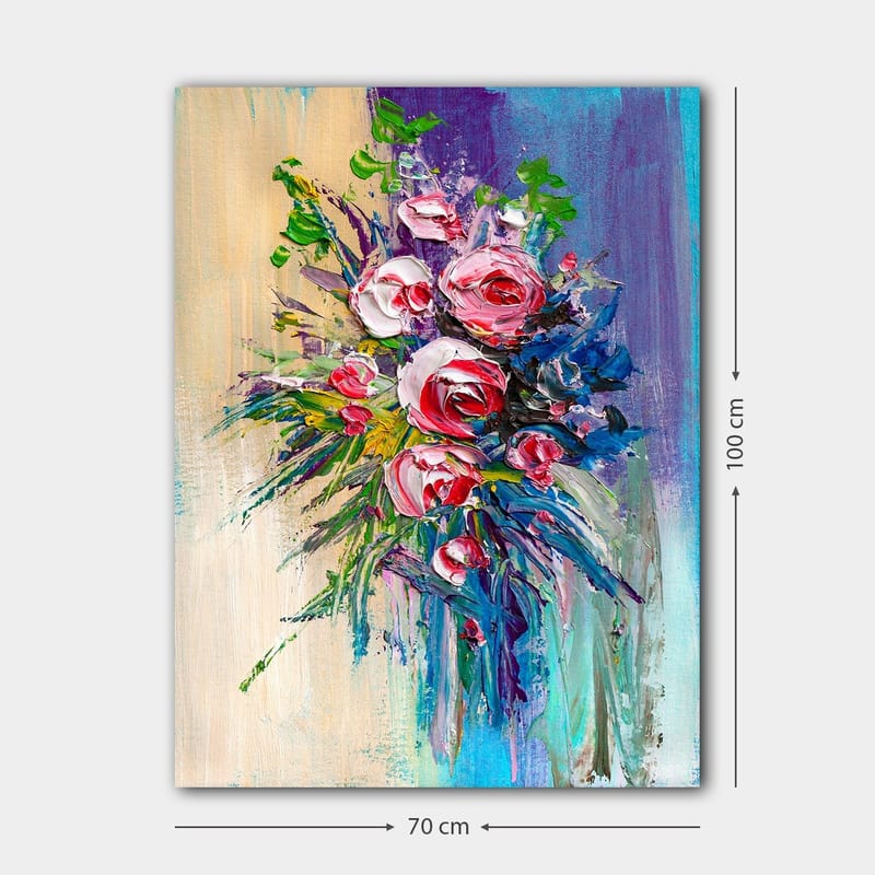 Lærred 70x100 cm - Farverig buket med roser og grønne blade - Lyserød / Grøn / Blå - Boligtilbehør - Billeder & kunst - Billeder på lærred