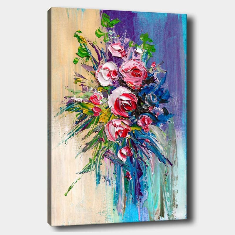Lærred 70x100 cm - Farverig buket med roser og grønne blade, Lyserød / Grøn / Blå
