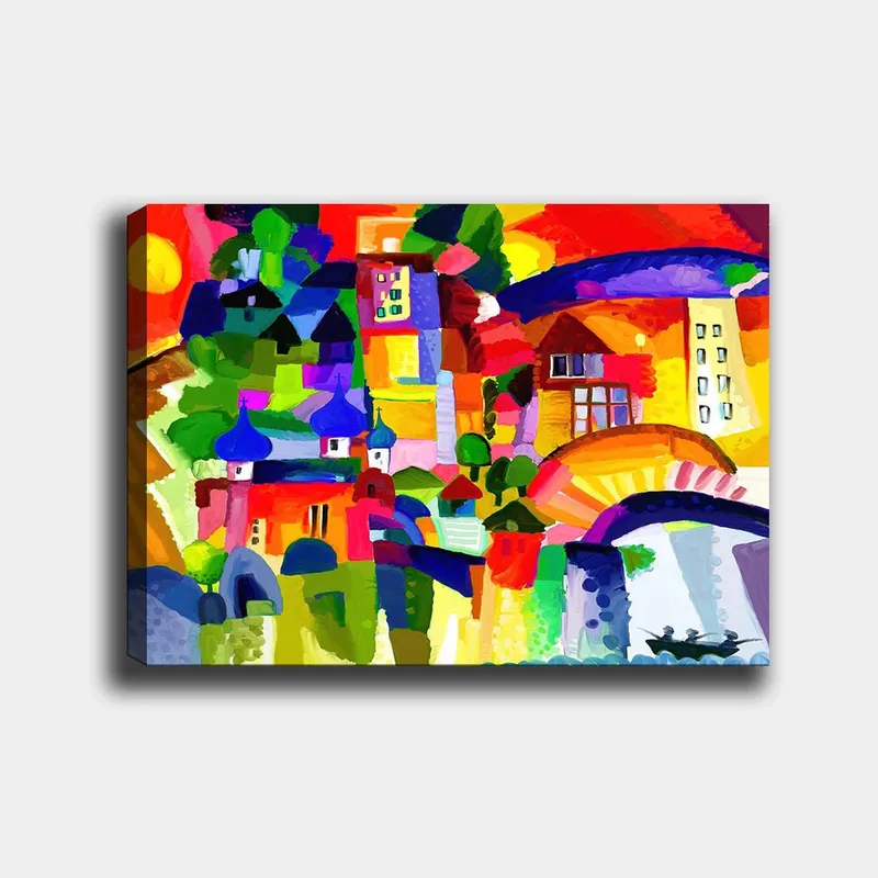 Lærred 70x100 cm - Farverig byscene med tårne og bygninger under en solrig himmel, Rød / Grøn / Blå