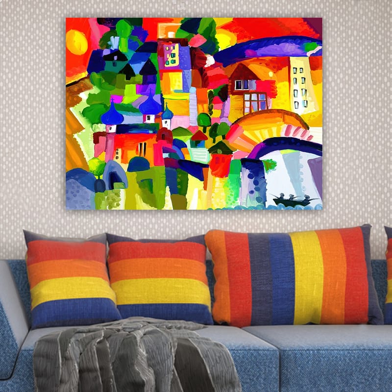 Lærred 70x100 cm - Farverig byscene med tårne og bygninger under en solrig himmel - Rød / Grøn / Blå - Boligtilbehør - Billeder & kunst - Billeder på lærred