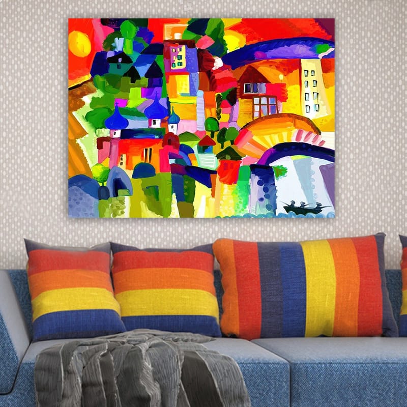 Lærred 70x100 cm - Farverig byscene med tårne og bygninger under en solrig himmel - Rød / Grøn / Blå - Boligtilbehør - Billeder & kunst - Billeder på lærred