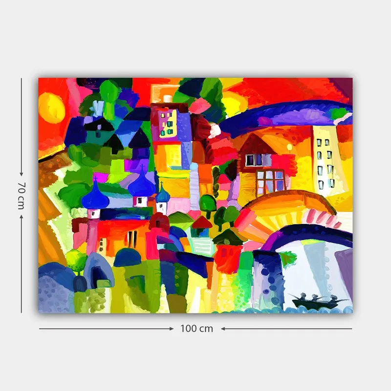 Lærred 70x100 cm - Farverig byscene med tårne og bygninger under en solrig himmel - Rød / Grøn / Blå - Boligtilbehør - Billeder & kunst - Billeder på lærred