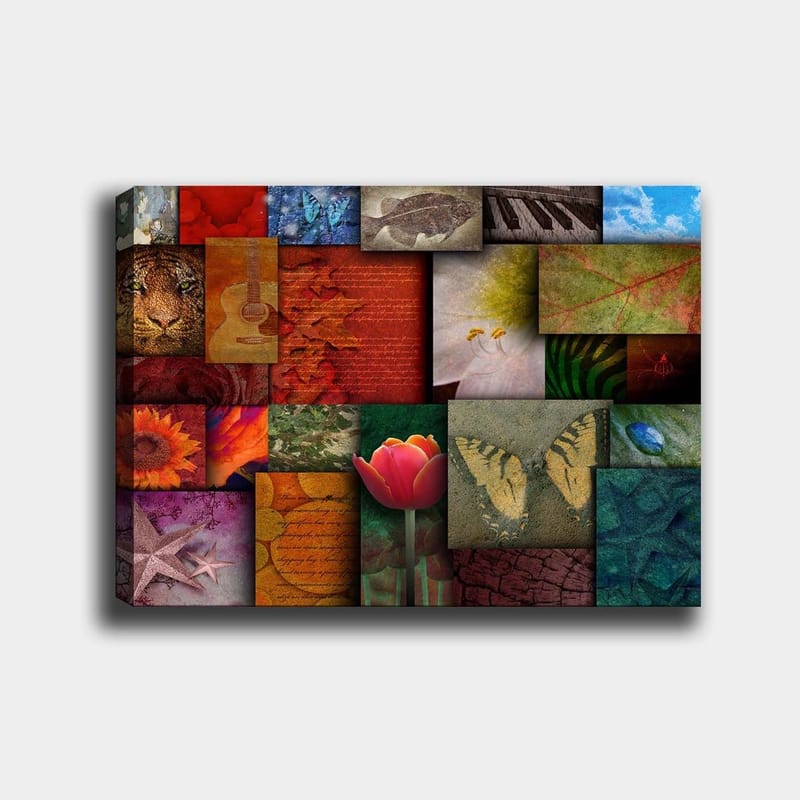 Lærred 70x100 cm - Farverig collage af forskellige motiver, herunder blomster, dyr og abstrakte mønstre - Rød / Orange / Grøn - Boligtilbehør - Billeder & kunst - Billeder på lærred
