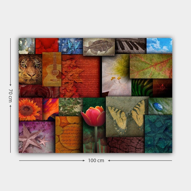 Lærred 70x100 cm - Farverig collage af forskellige motiver, herunder blomster, dyr og abstrakte mønstre - Rød / Orange / Grøn - Boligtilbehør - Billeder & kunst - Billeder på lærred