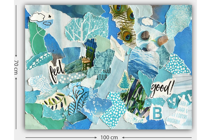 Lærred 70x100 cm - Farverig collage med elementer af naturen og positive budskaber - Blå / Grøn / Turkis - Boligtilbehør - Billeder & kunst - Billeder på lærred