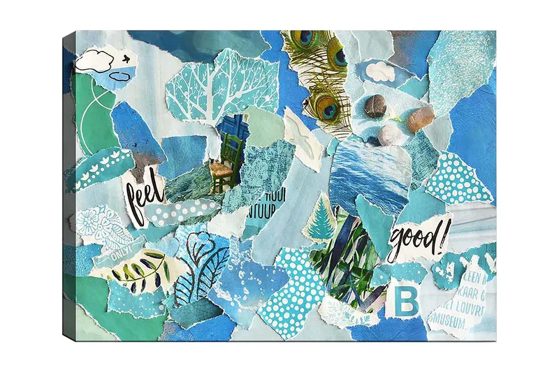 Lærred 70x100 cm - Farverig collage med elementer af naturen og positive budskaber, Blå / Grøn / Turkis