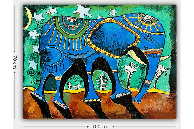 Lærred 70x100 cm - Farverig elefant med dekorative mønstre og symboler - Blå / Grøn / Brun - Boligtilbehør - Billeder & kunst - Billeder på lærred