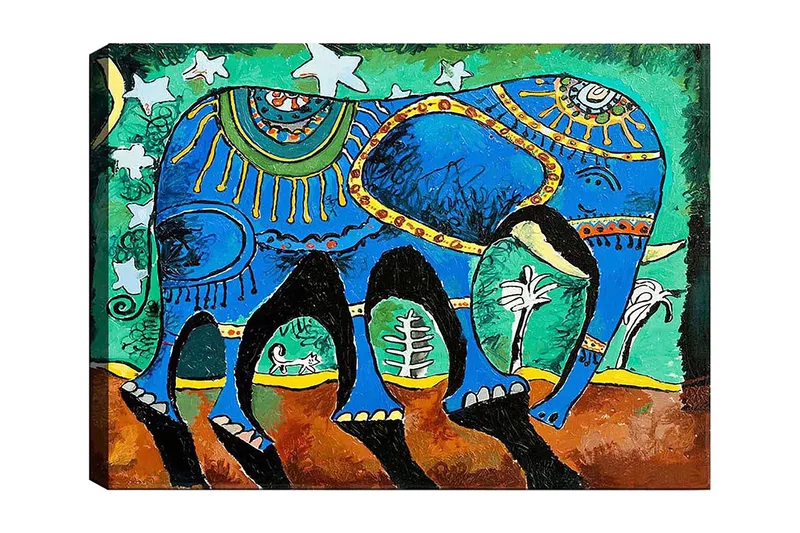 Lærred 70x100 cm - Farverig elefant med dekorative mønstre og symboler, Blå / Grøn / Brun