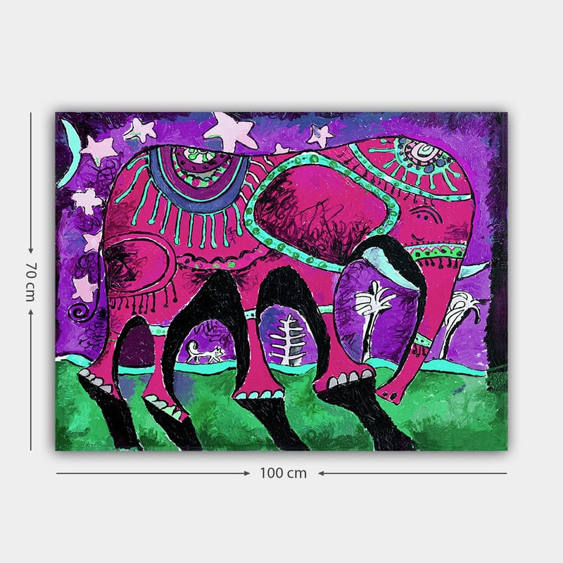 Lærred 70x100 cm - Farverig elefant med dekorative mønstre og symboler - Lilla / Lyserød / Grøn - Boligtilbehør - Billeder & kunst - Billeder på lærred