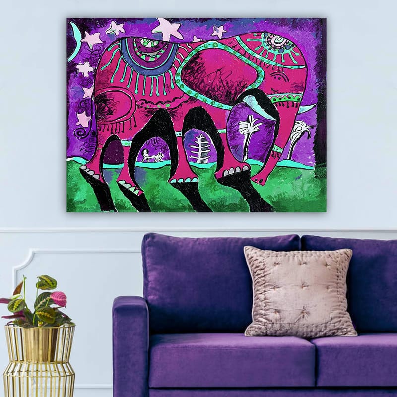 Lærred 70x100 cm - Farverig elefant med dekorative mønstre og symboler - Lilla / Lyserød / Grøn - Boligtilbehør - Billeder & kunst - Billeder på lærred
