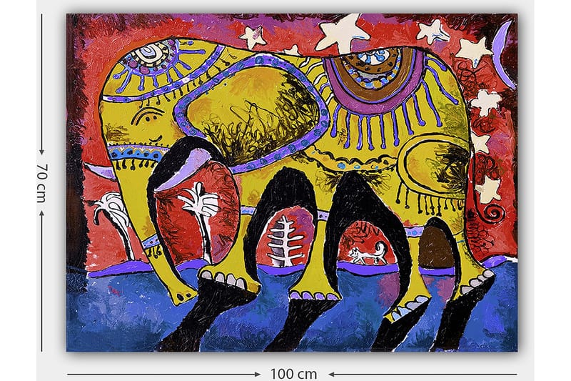 Lærred 70x100 cm - Farverig elefant med dekorative mønstre på en livlig baggrund - Gul / Rød / Blå - Boligtilbehør - Billeder & kunst - Billeder på lærred