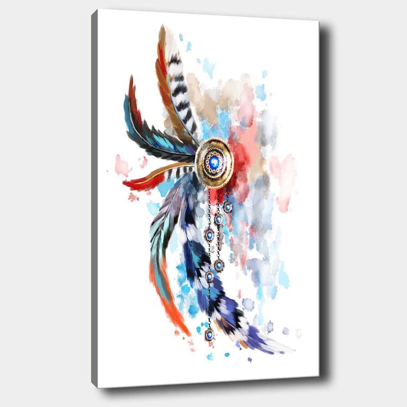 Lærred 70x100 cm - Farverig fjerornament med en central cirkel og ophængningsdetaljer, Blå / Rød / Sort