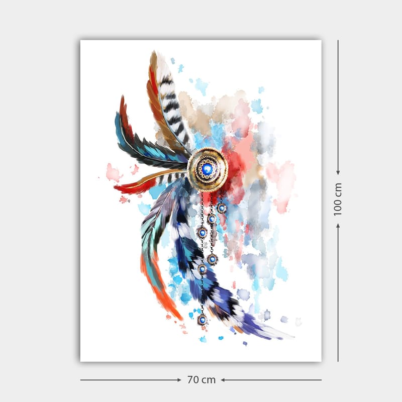 Lærred 70x100 cm - Farverig fjerornament med en central cirkel og ophængningsdetaljer - Blå / Rød / Sort - Boligtilbehør - Billeder & kunst - Billeder på lærred